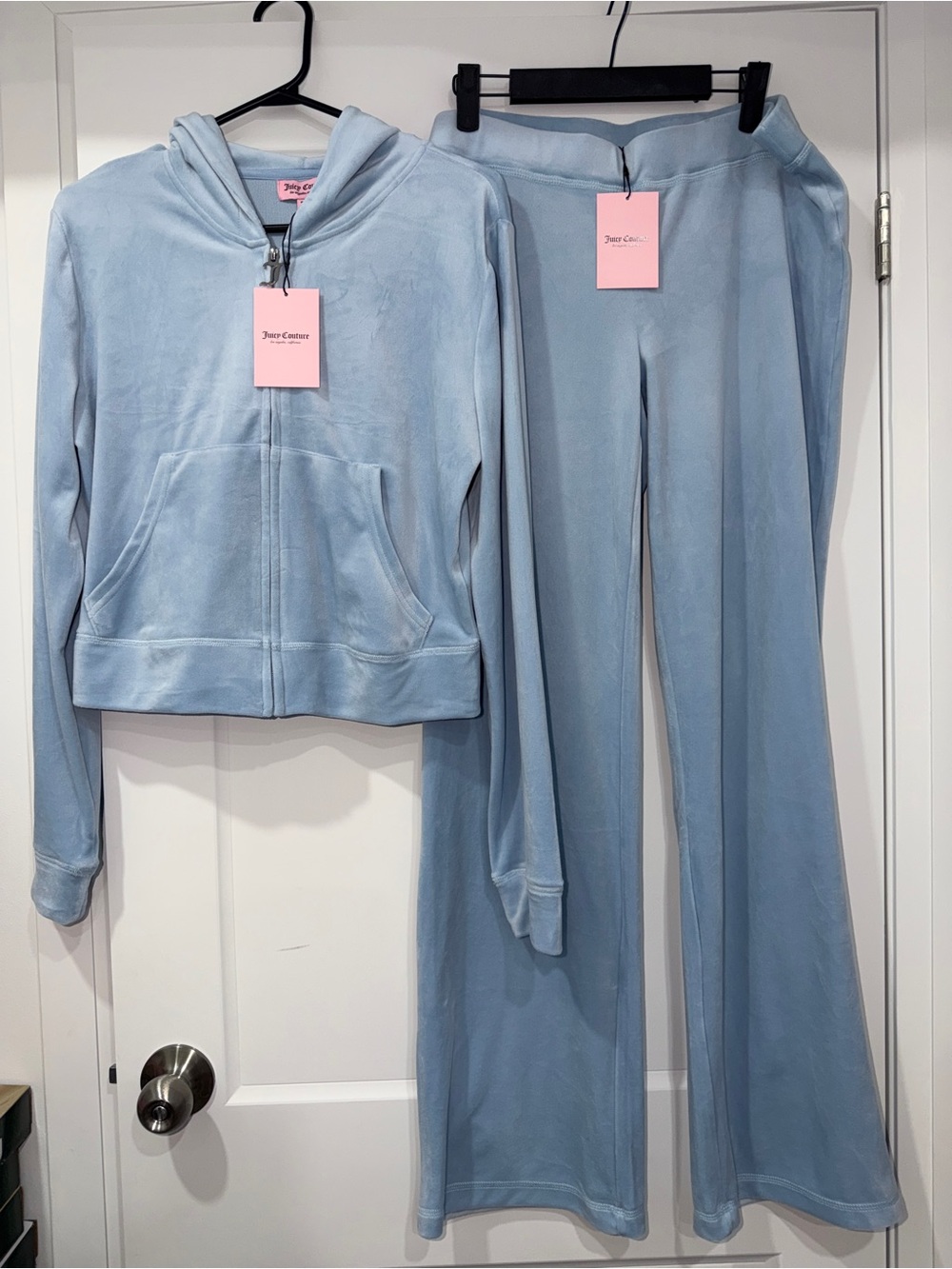 Juicy Couture Light Frosted Blue Velour Track Pants - Flared Joggers - Picture 1 of 7